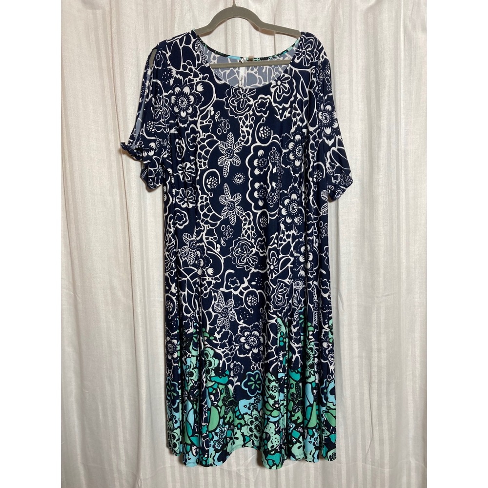 Coastal Navy Teal Floral Cold Shoulder Midi Dress Plus Size 3X NY Collection